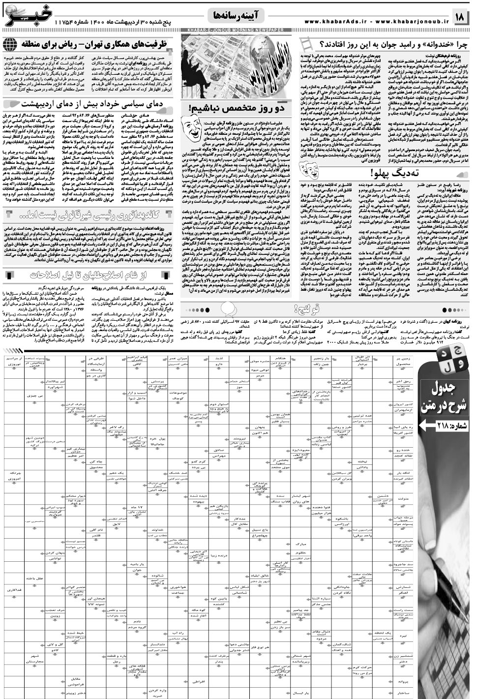 مشاهده صفحه ۱۸ روزنامه خبرجنوب تاریخ ۳۰  سال ۱۴۰۰