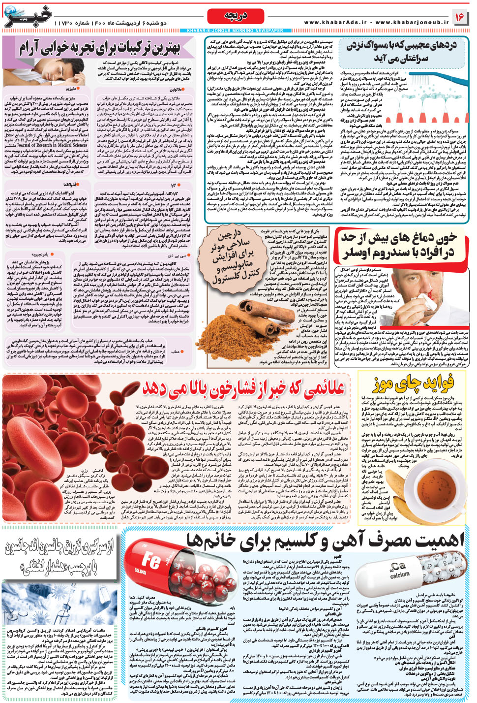 مشاهده صفحه ۱۶ روزنامه خبرجنوب تاریخ ۶  سال ۱۴۰۰
