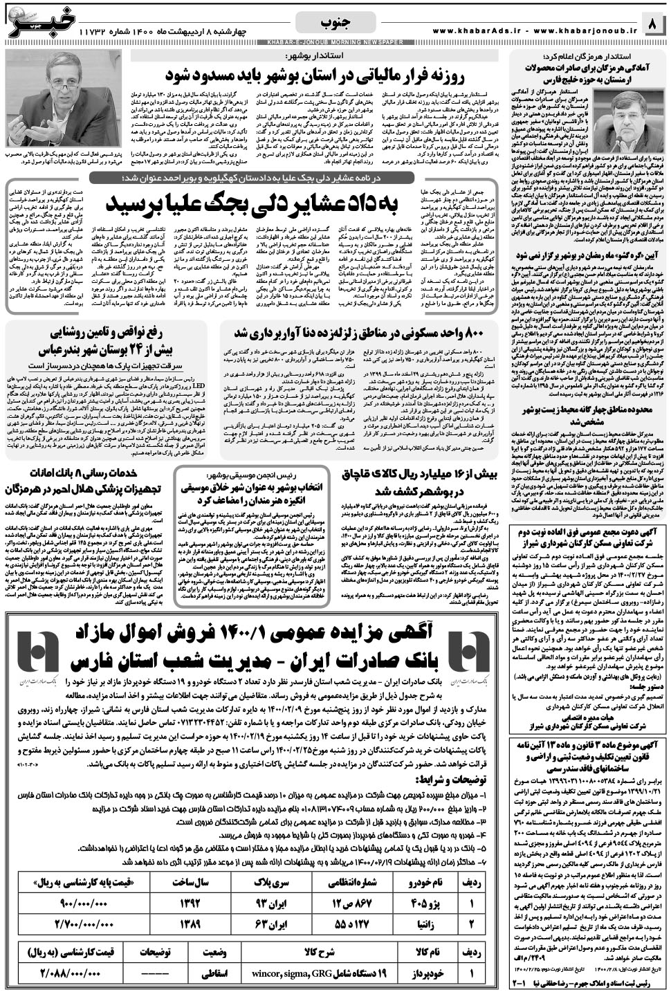 مشاهده صفحه ۸ روزنامه خبرجنوب تاریخ ۸  سال ۱۴۰۰