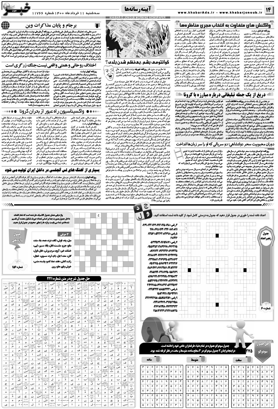 مشاهده صفحه ۱۴ روزنامه خبرجنوب تاریخ ۱۱  سال ۱۴۰۰