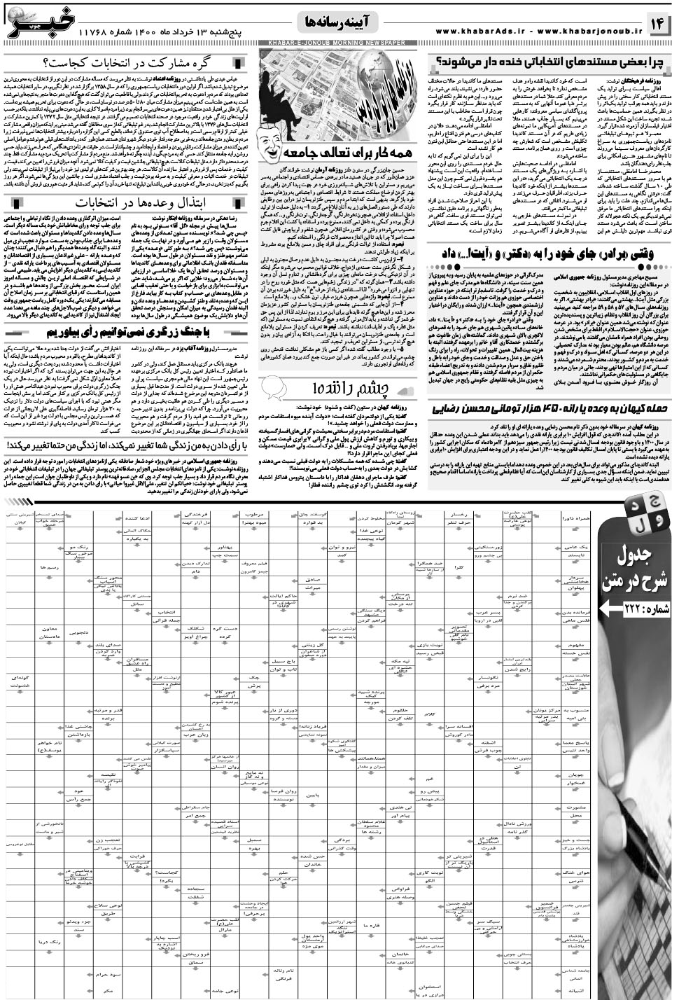 مشاهده صفحه ۱۴ روزنامه خبرجنوب تاریخ ۱۳  سال ۱۴۰۰