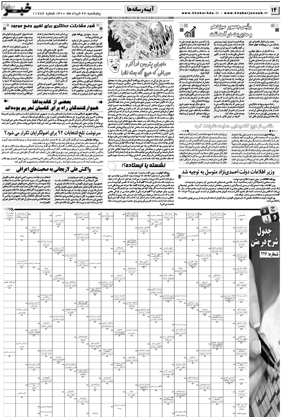 مشاهده صفحه ۱۴ روزنامه خبرجنوب تاریخ ۲۷  سال ۱۴۰۰