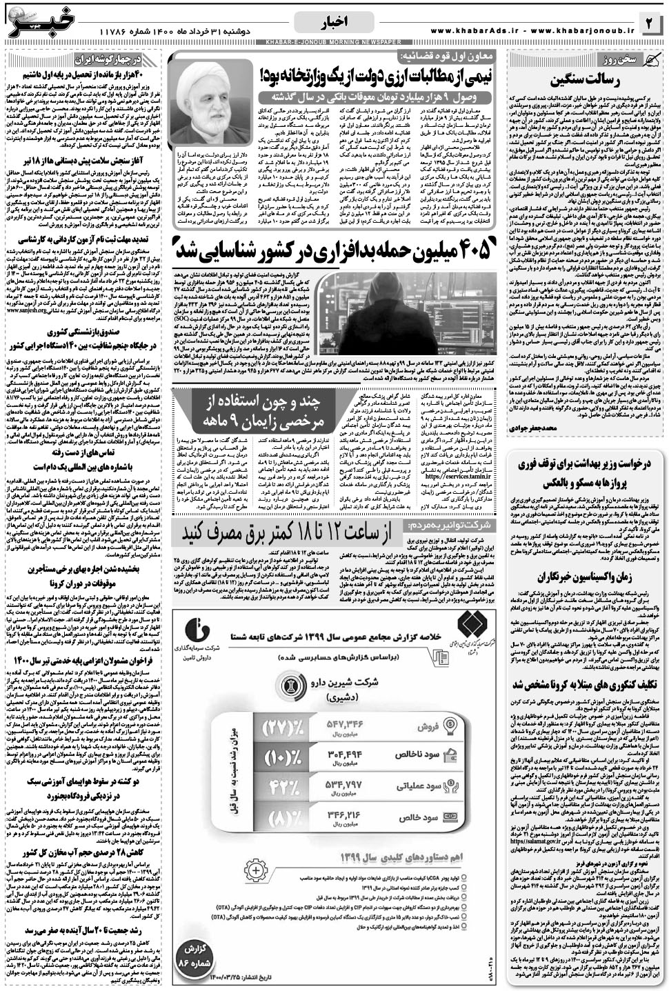 مشاهده صفحه ۲ روزنامه خبرجنوب تاریخ ۳۱  سال ۱۴۰۰