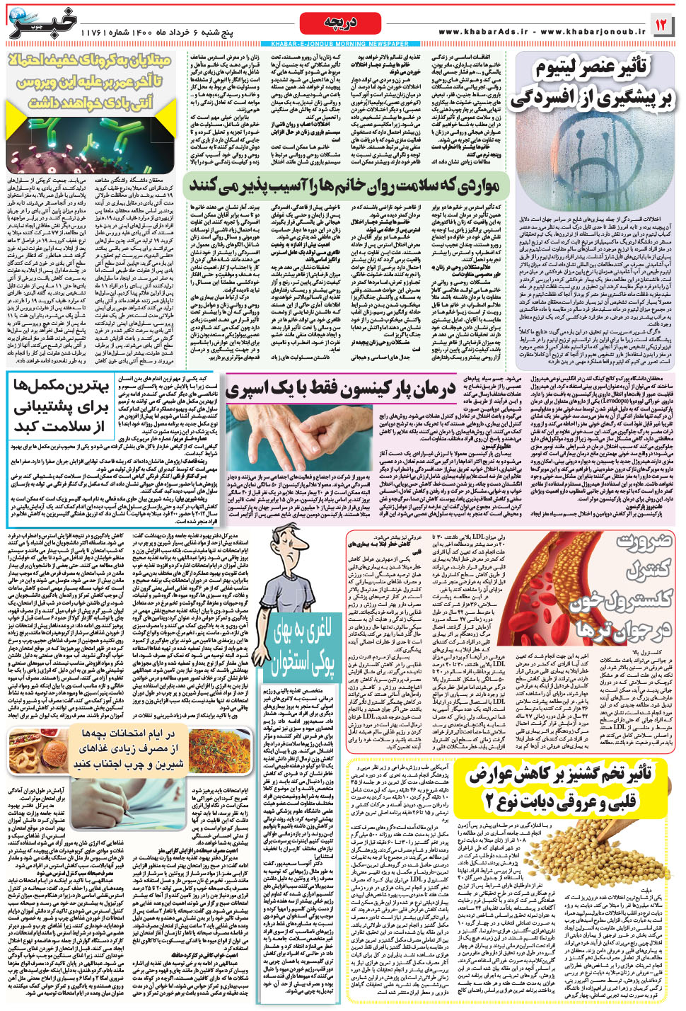 مشاهده صفحه ۱۲ روزنامه خبرجنوب تاریخ ۶  سال ۱۴۰۰