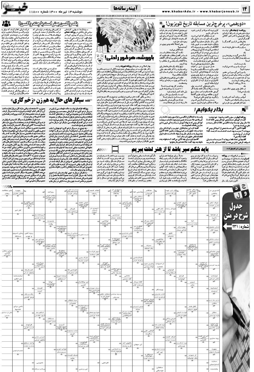 مشاهده صفحه ۱۴ روزنامه خبرجنوب تاریخ ۱۴  سال ۱۴۰۰