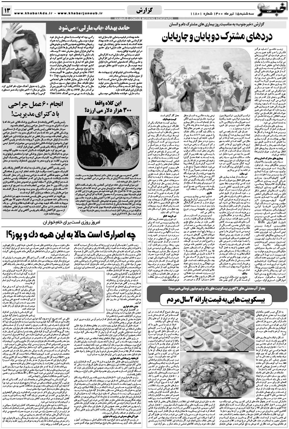 مشاهده صفحه ۱۳ روزنامه خبرجنوب تاریخ ۱۵  سال ۱۴۰۰