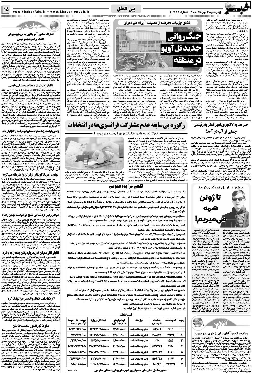مشاهده صفحه ۱۵ روزنامه خبرجنوب تاریخ ۲  سال ۱۴۰۰