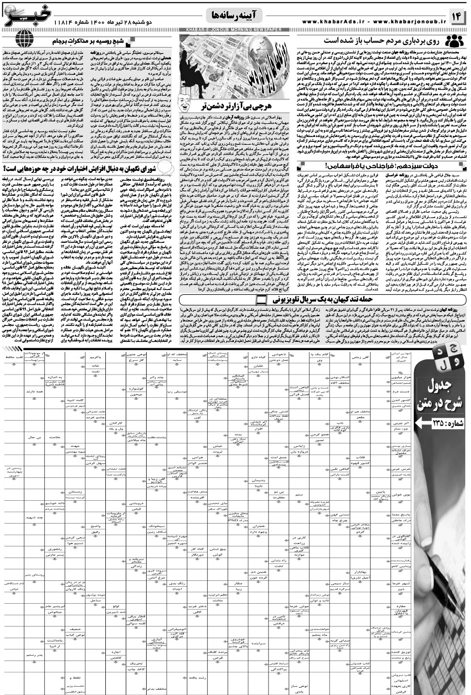 مشاهده صفحه ۱۴ روزنامه خبرجنوب تاریخ ۲۸  سال ۱۴۰۰