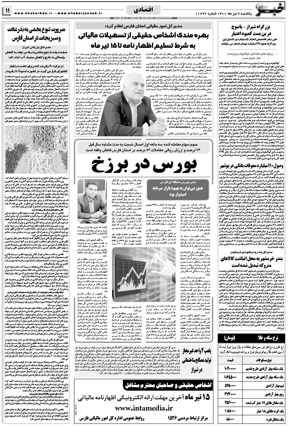 مشاهده صفحه ۱۱ روزنامه خبرجنوب تاریخ ۶  سال ۱۴۰۰
