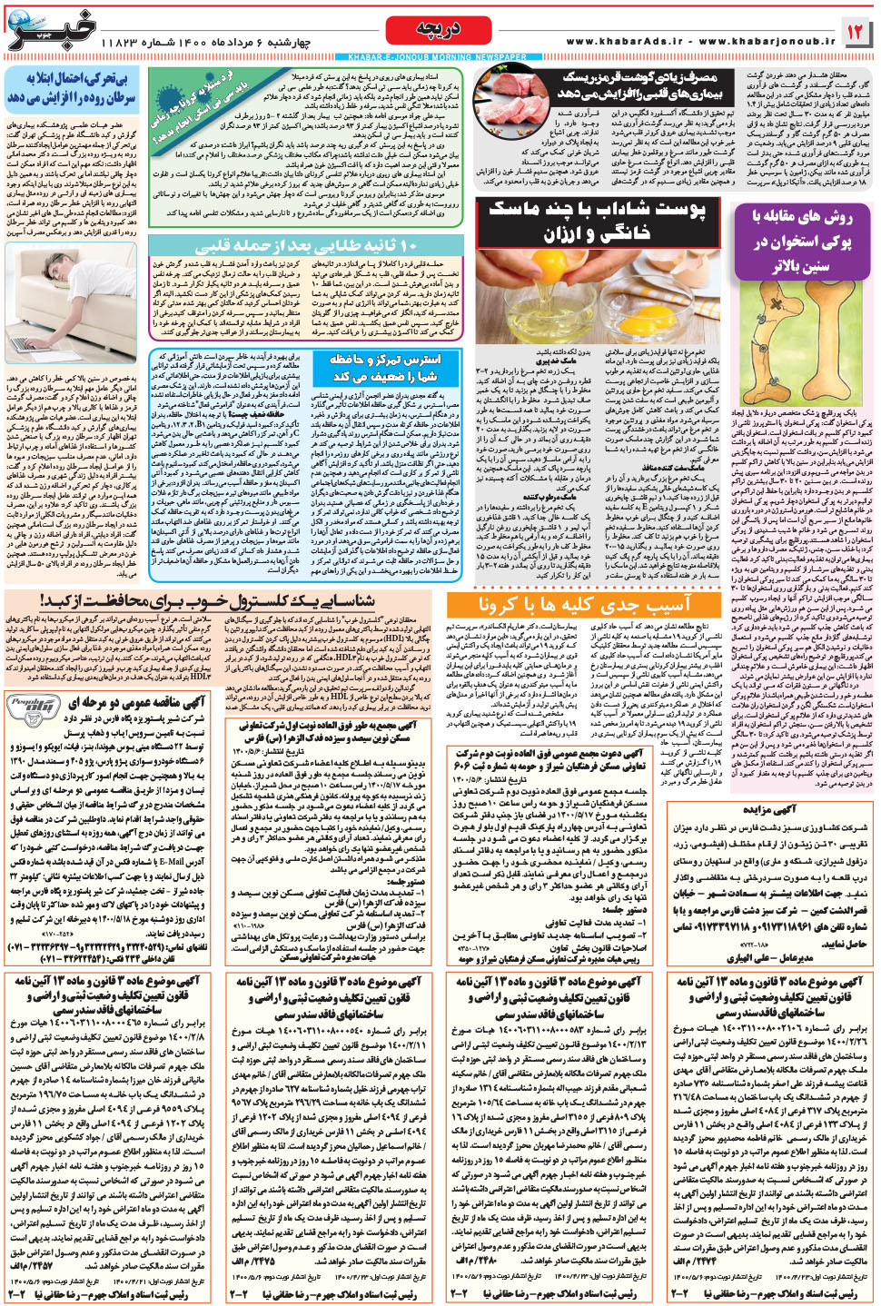 مشاهده صفحه ۱۲ روزنامه خبرجنوب تاریخ ۶  سال ۱۴۰۰