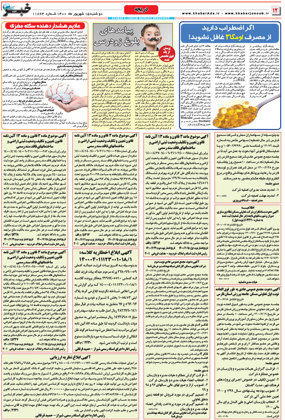 مشاهده صفحه ۱۲ روزنامه خبرجنوب تاریخ ۱۵  سال ۱۴۰۰