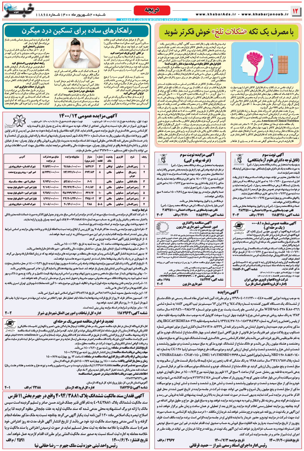 مشاهده صفحه ۱۲ روزنامه خبرجنوب تاریخ ۲۰  سال ۱۴۰۰