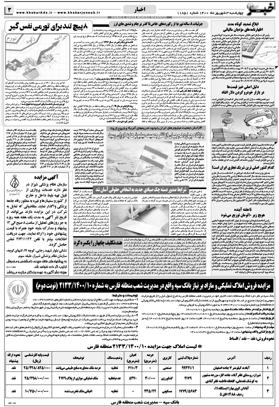 مشاهده صفحه ۳ روزنامه خبرجنوب تاریخ ۳  سال ۱۴۰۰