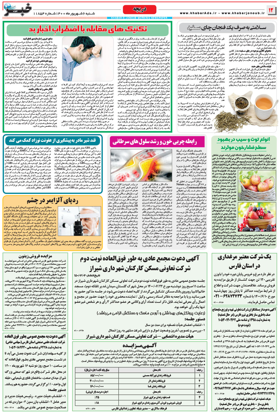 مشاهده صفحه ۱۲ روزنامه خبرجنوب تاریخ ۶  سال ۱۴۰۰