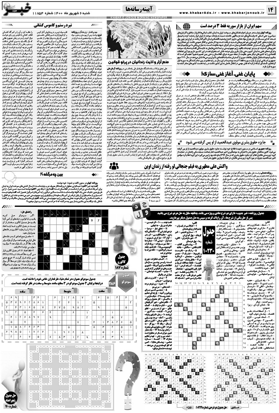 مشاهده صفحه ۱۴ روزنامه خبرجنوب تاریخ ۶  سال ۱۴۰۰