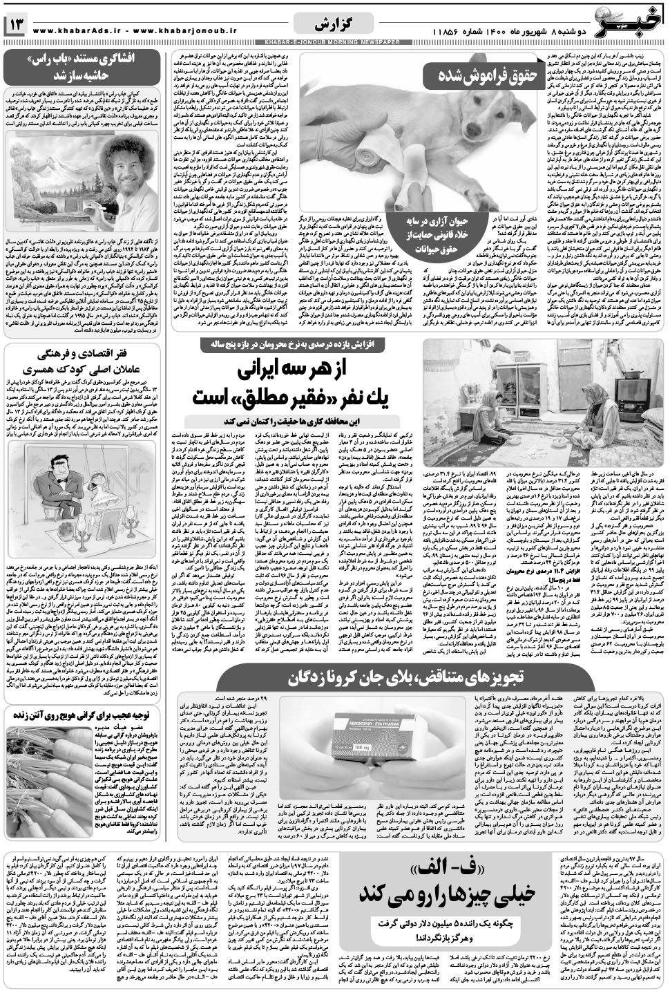 مشاهده صفحه ۱۳ روزنامه خبرجنوب تاریخ ۸  سال ۱۴۰۰