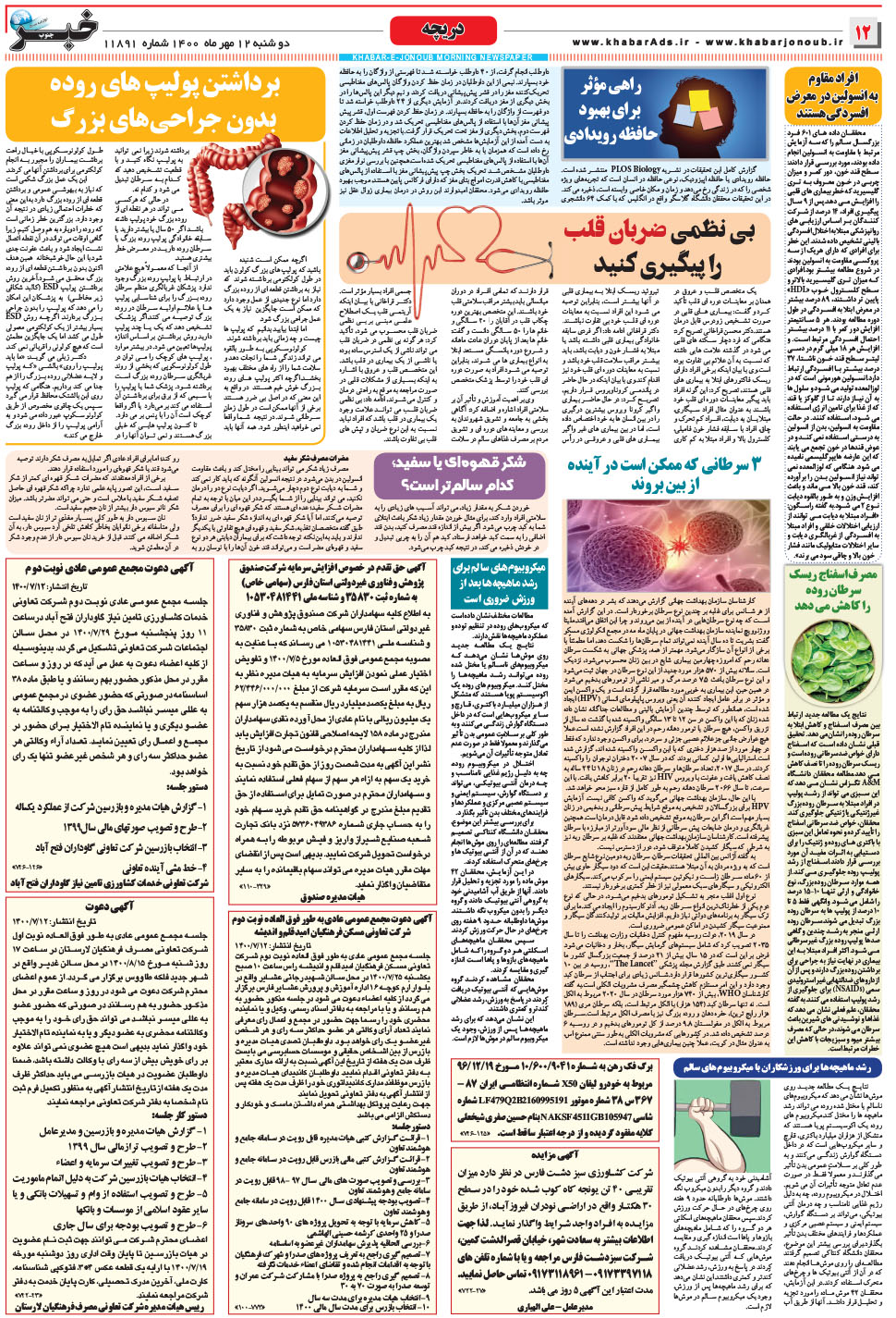 مشاهده صفحه ۱۲ روزنامه خبرجنوب تاریخ ۱۲  سال ۱۴۰۰