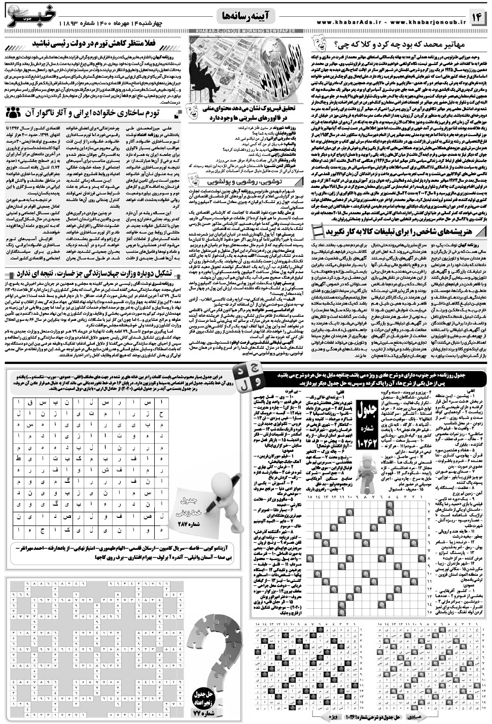 مشاهده صفحه ۱۴ روزنامه خبرجنوب تاریخ ۱۴  سال ۱۴۰۰