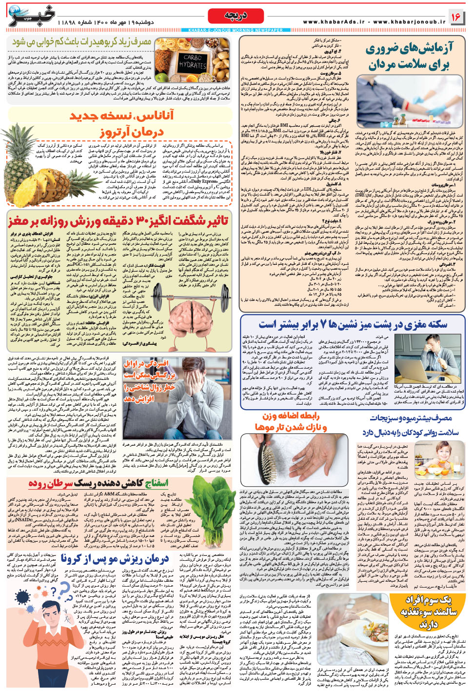 مشاهده صفحه ۱۶ روزنامه خبرجنوب تاریخ ۱۹  سال ۱۴۰۰