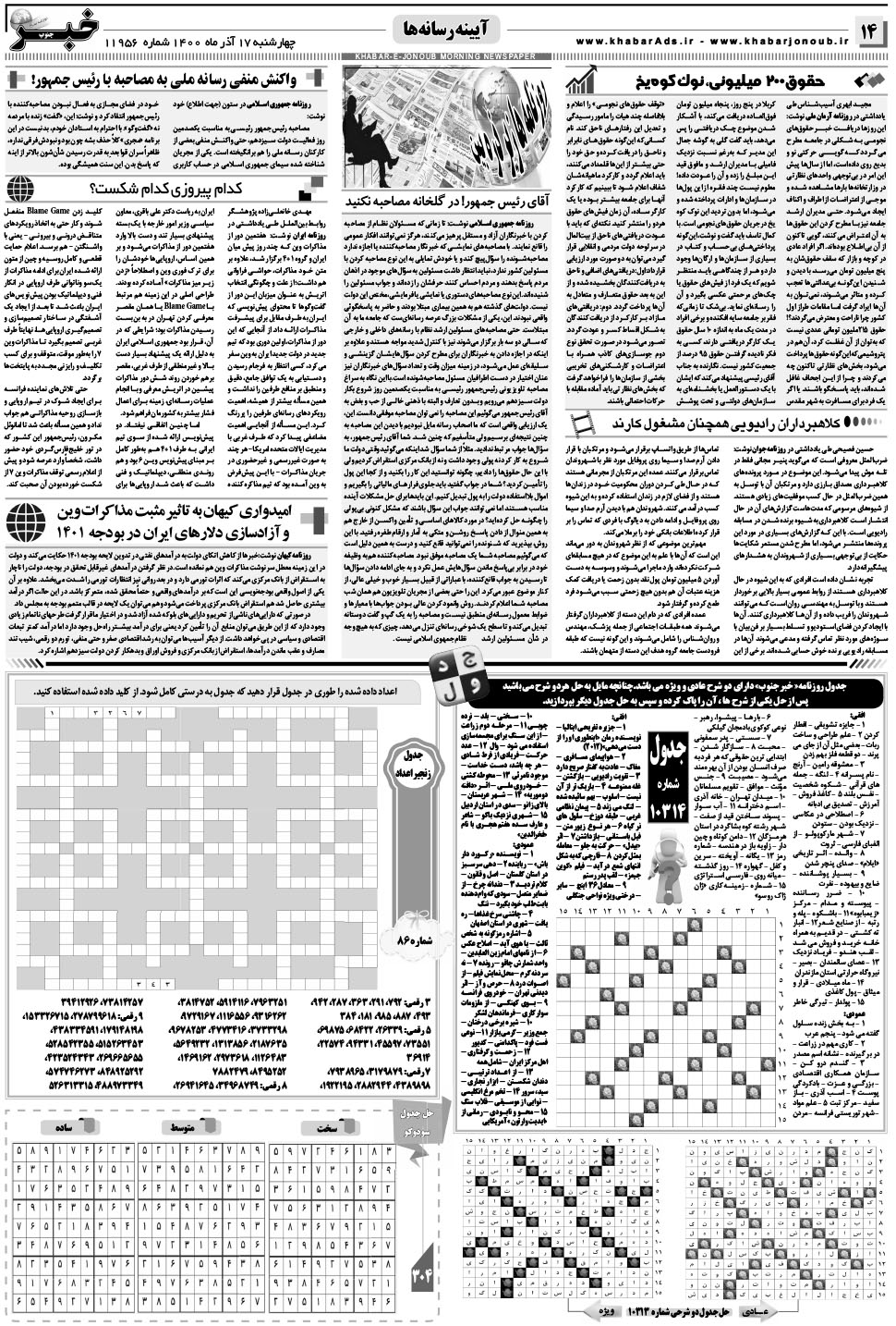 مشاهده صفحه ۱۴ روزنامه خبرجنوب تاریخ ۱۷  سال ۱۴۰۰
