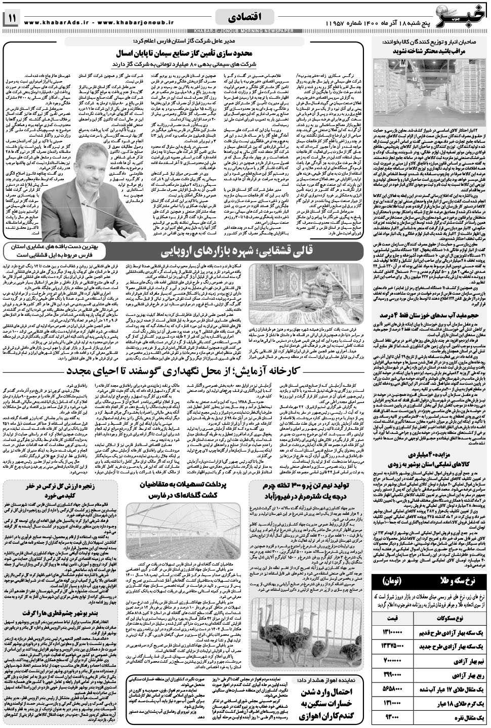 مشاهده صفحه ۱۱ روزنامه خبرجنوب تاریخ ۱۸  سال ۱۴۰۰
