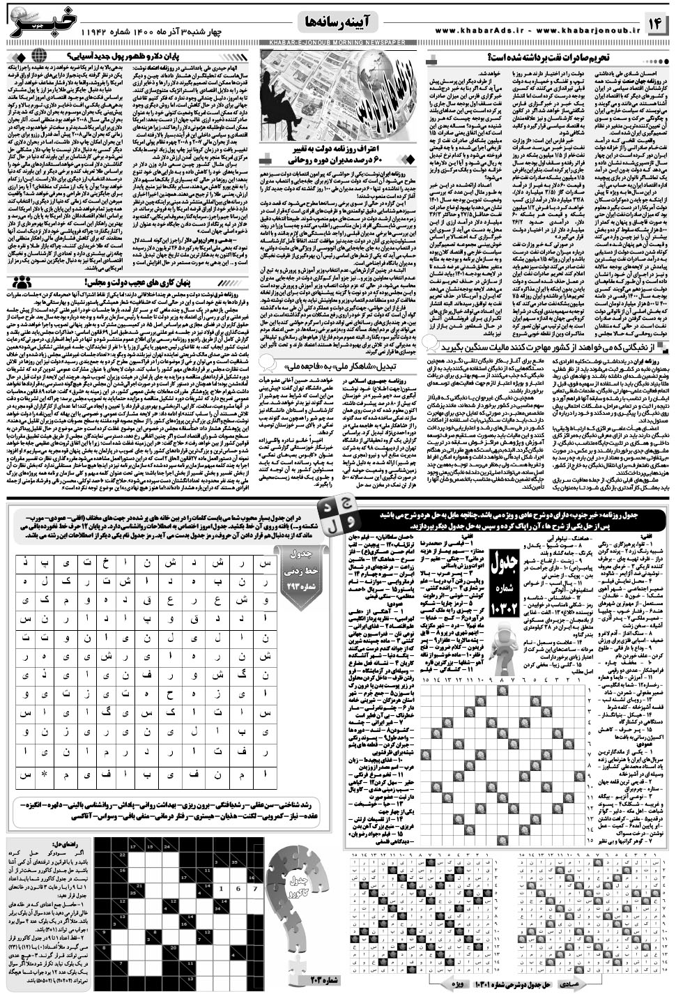 مشاهده صفحه ۱۴ روزنامه خبرجنوب تاریخ ۳  سال ۱۴۰۰