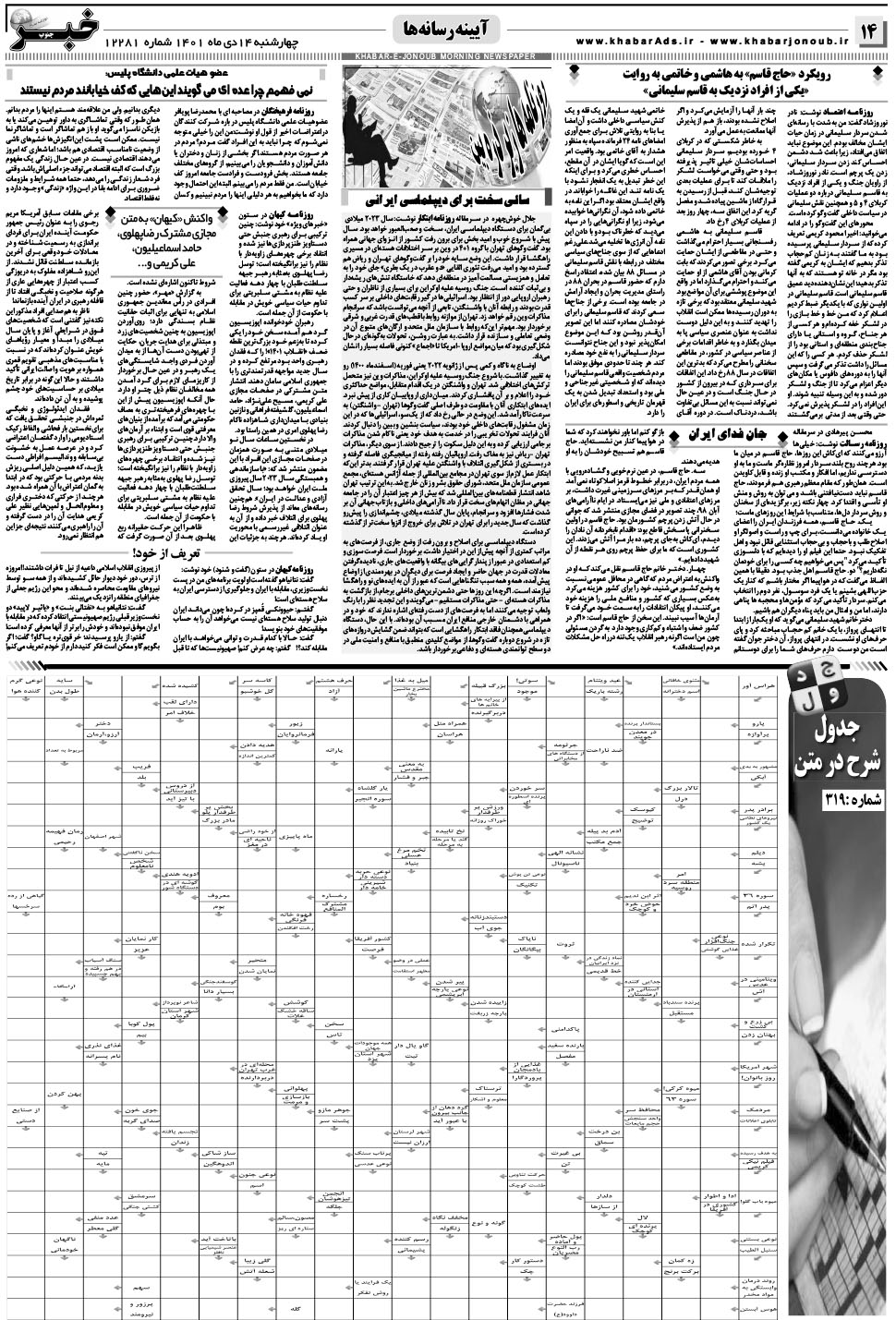 مشاهده صفحه ۱۴ روزنامه خبرجنوب تاریخ ۱۴ دی سال ۱۴۰۱