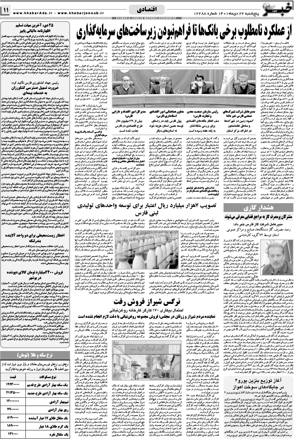 مشاهده صفحه ۱۱ روزنامه خبرجنوب تاریخ ۲۲ دی سال ۱۴۰۱