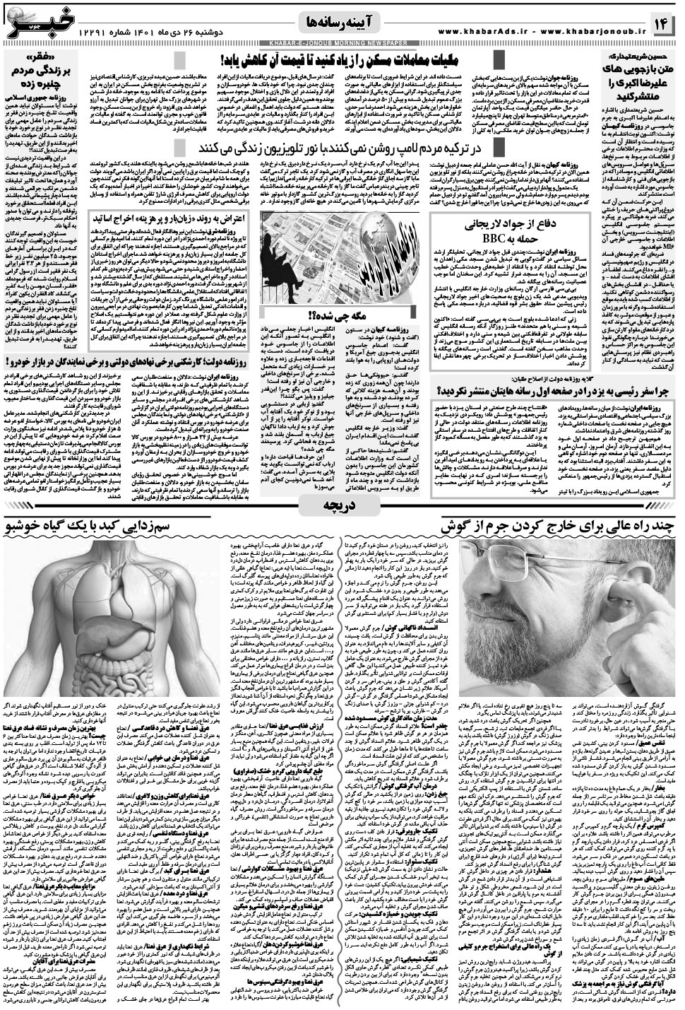 مشاهده صفحه ۱۴ روزنامه خبرجنوب تاریخ ۲۶ دی سال ۱۴۰۱