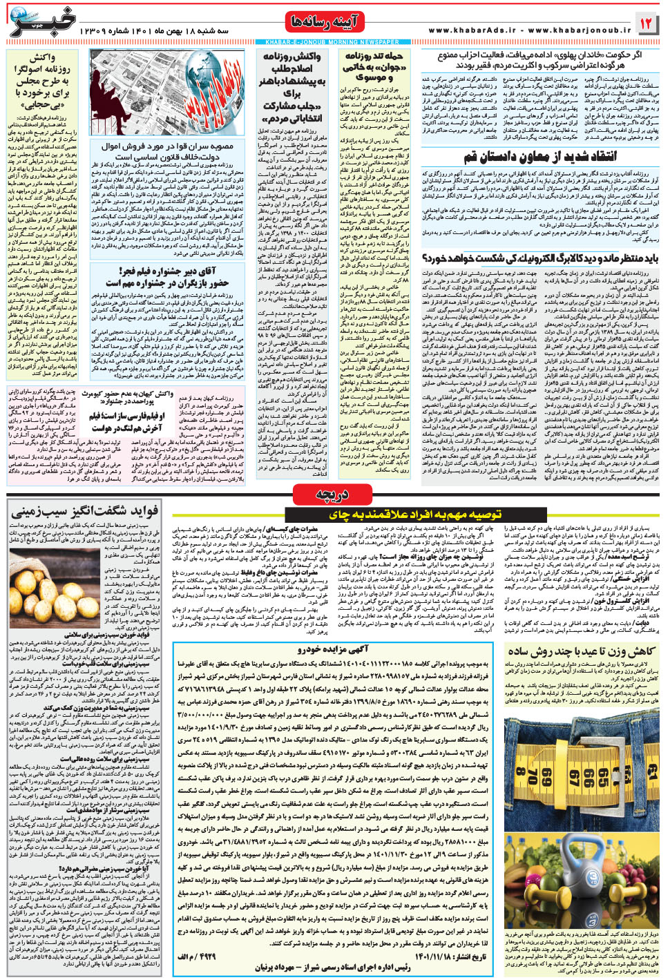 مشاهده صفحه ۱۲ روزنامه خبرجنوب تاریخ ۱۸ بهمن سال ۱۴۰۱