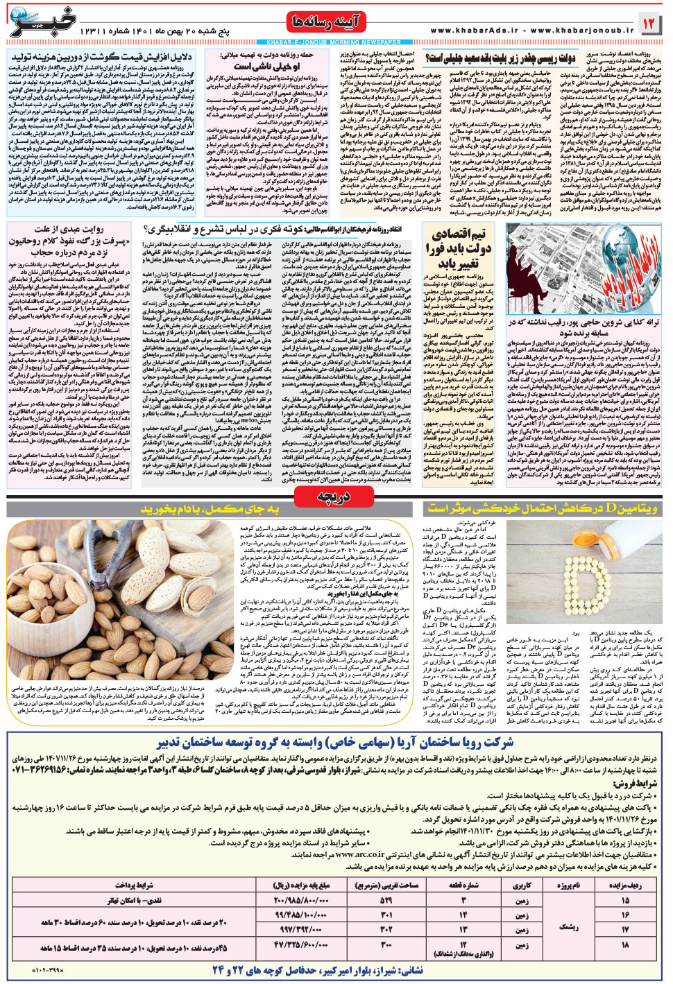 مشاهده صفحه ۱۲ روزنامه خبرجنوب تاریخ ۲۰ بهمن سال ۱۴۰۱