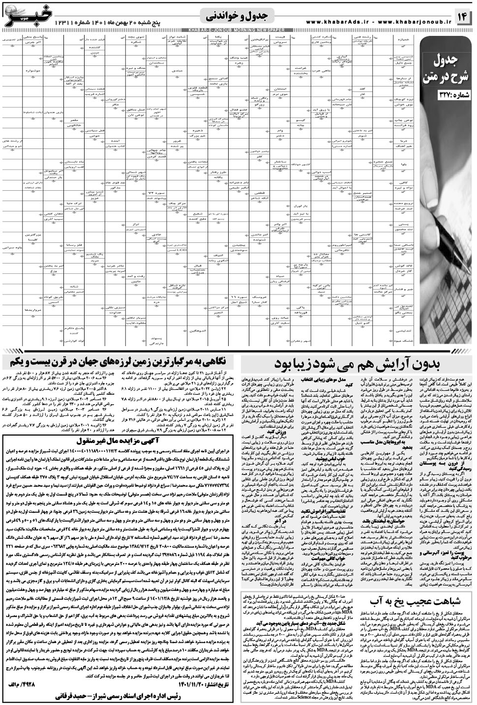 مشاهده صفحه ۱۴ روزنامه خبرجنوب تاریخ ۲۰ بهمن سال ۱۴۰۱