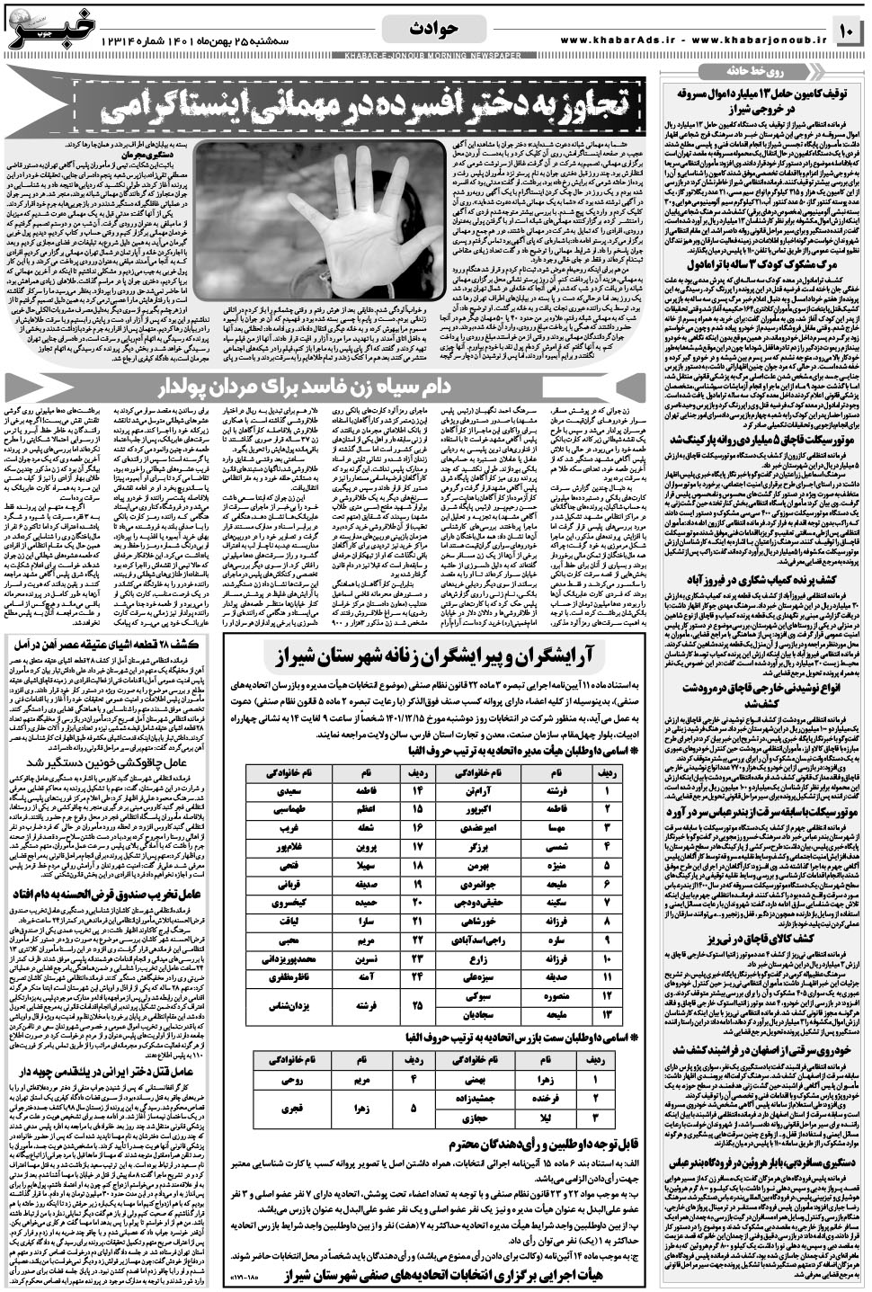 مشاهده صفحه ۱۰ روزنامه خبرجنوب تاریخ ۲۵ بهمن سال ۱۴۰۱