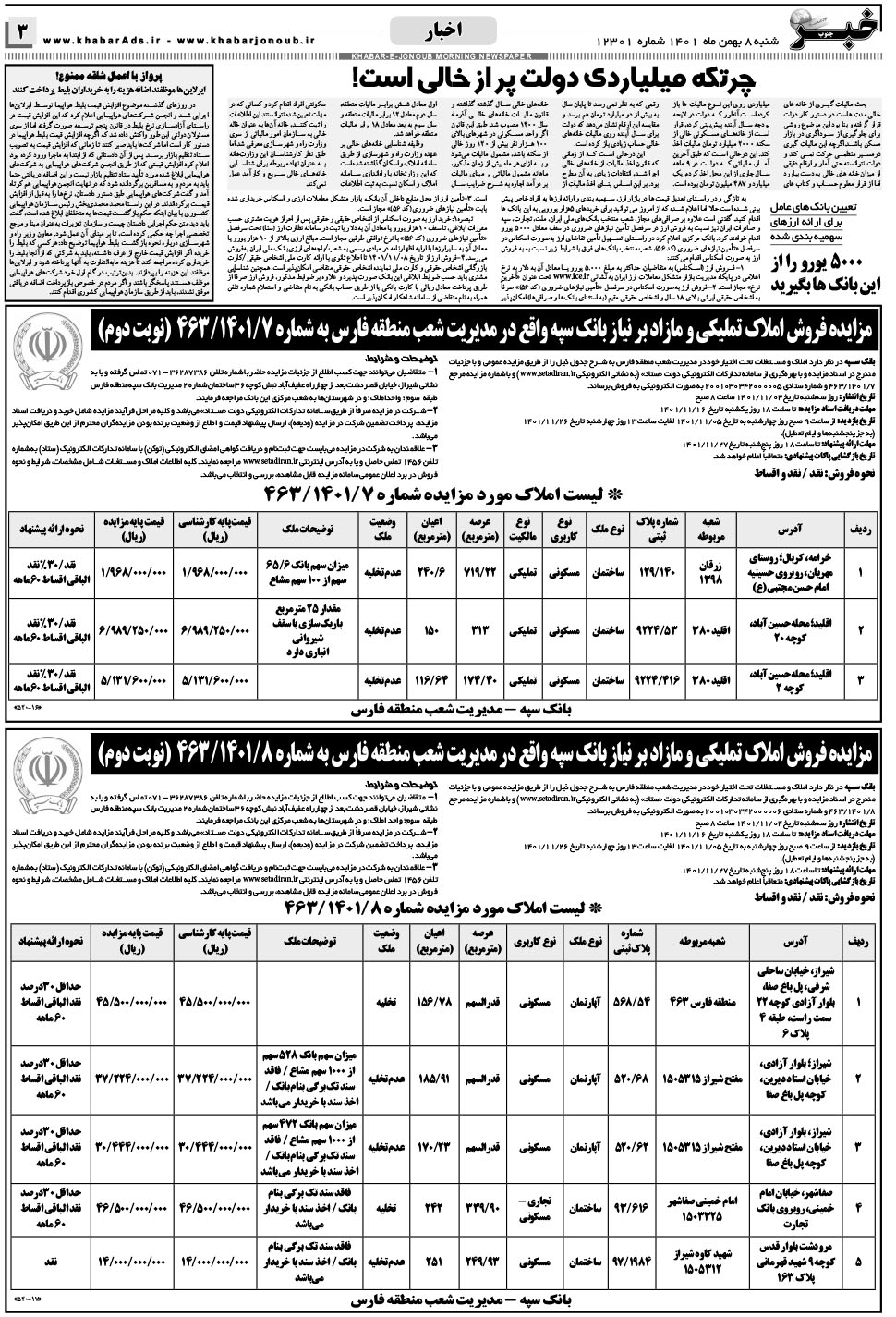 مشاهده صفحه ۳ روزنامه خبرجنوب تاریخ ۸ بهمن سال ۱۴۰۱