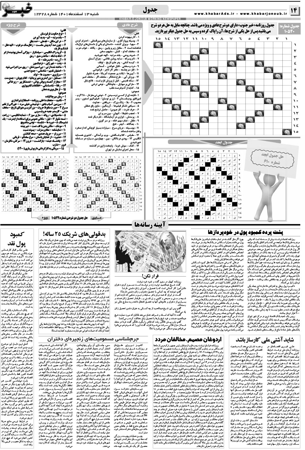 مشاهده صفحه ۱۴ روزنامه خبرجنوب تاریخ ۱۳ اسفند سال ۱۴۰۱