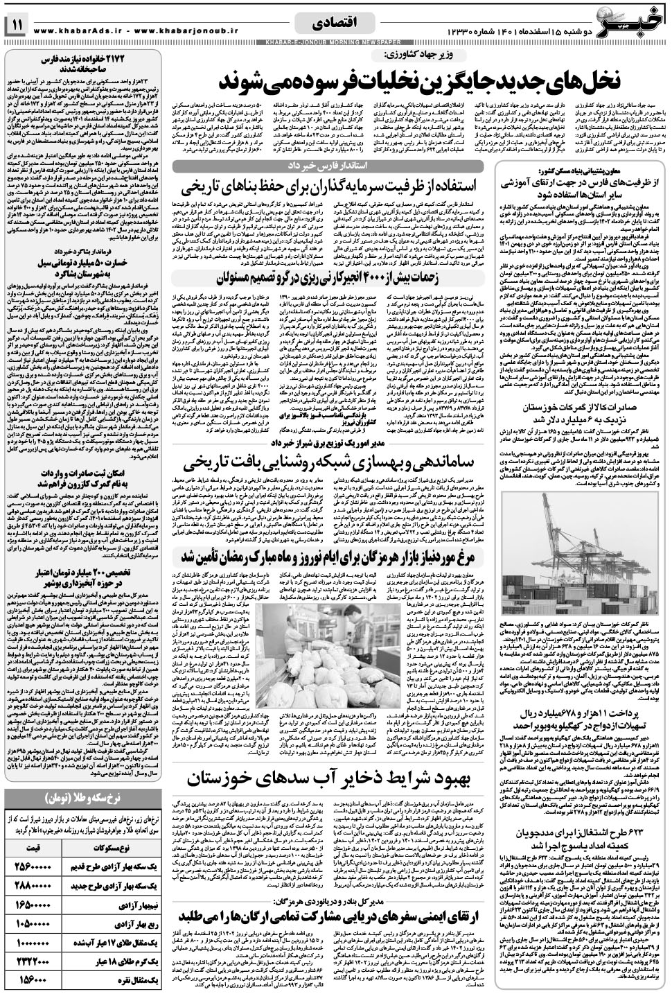 مشاهده صفحه ۱۱ روزنامه خبرجنوب تاریخ ۱۵ اسفند سال ۱۴۰۱