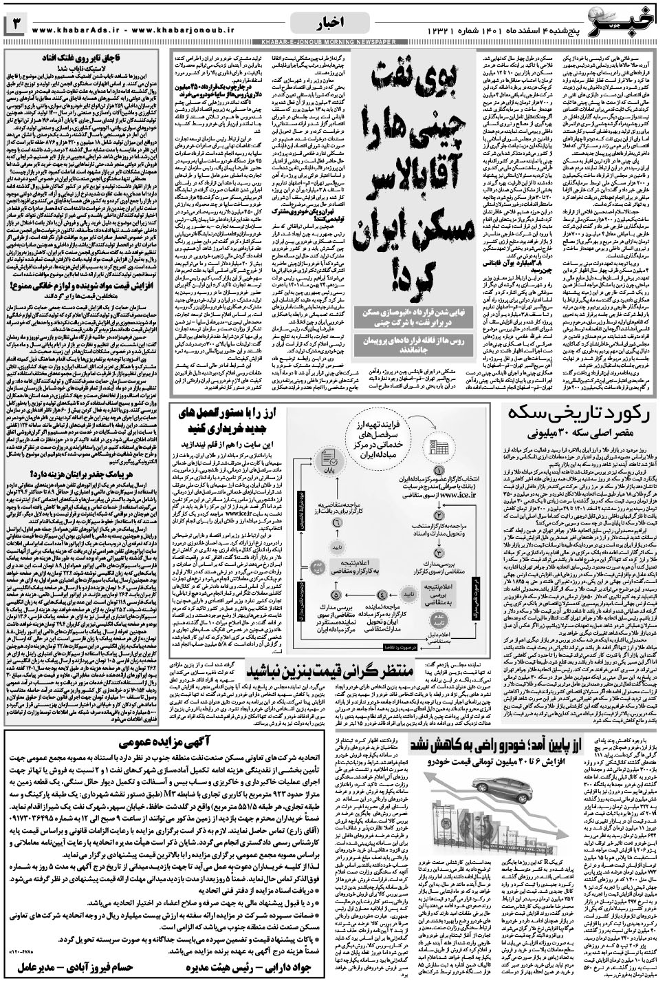 مشاهده صفحه ۳ روزنامه خبرجنوب تاریخ ۴ اسفند سال ۱۴۰۱