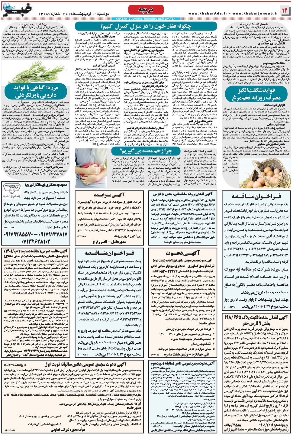 مشاهده صفحه ۱۲ روزنامه خبرجنوب تاریخ ۱۹  سال ۱۴۰۱