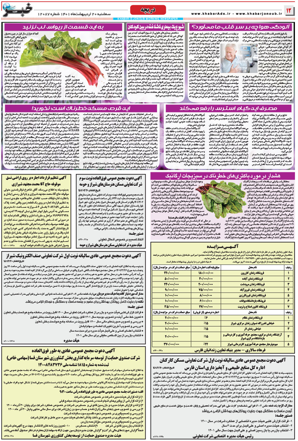 مشاهده صفحه ۱۲ روزنامه خبرجنوب تاریخ ۲۰  سال ۱۴۰۱