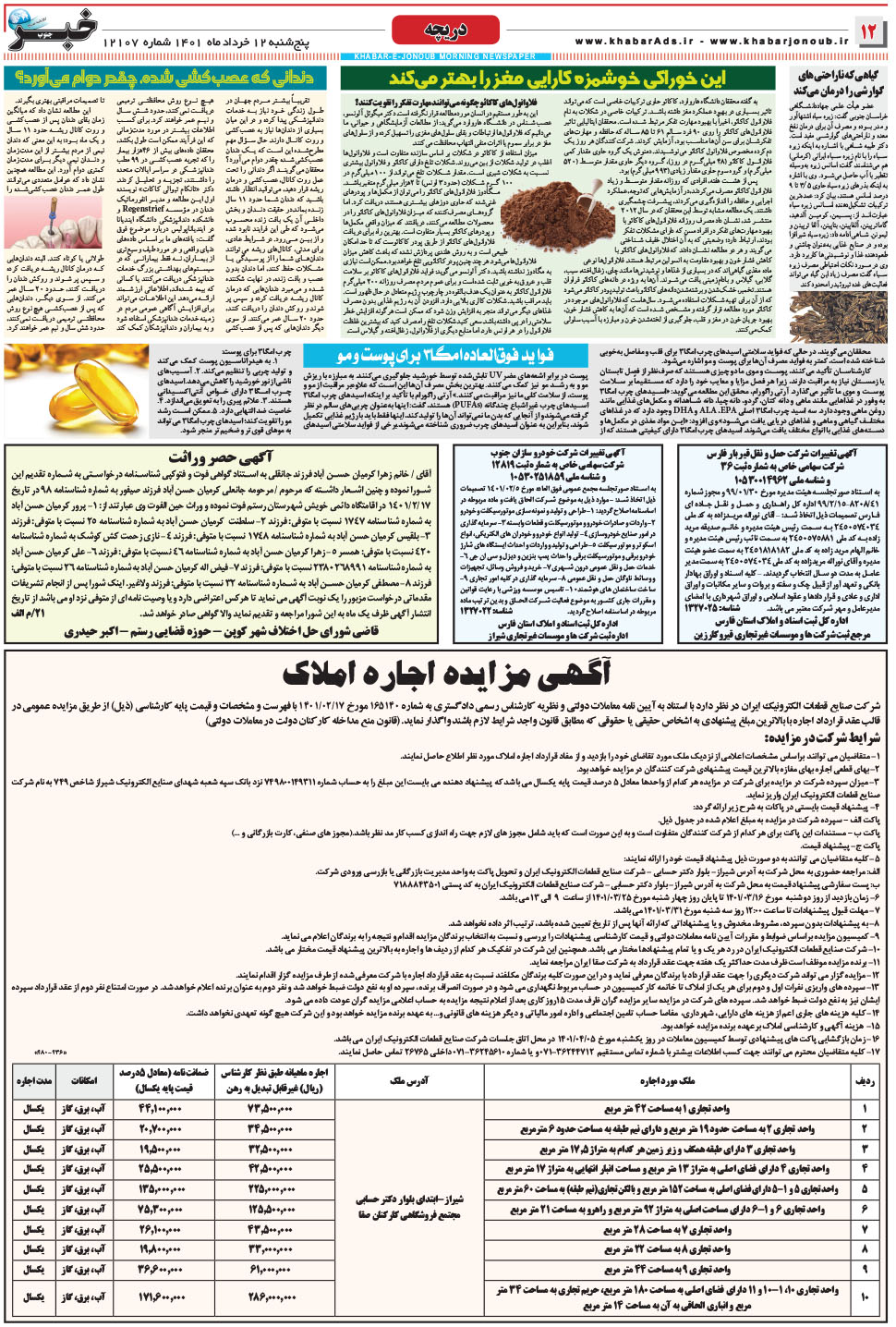 مشاهده صفحه ۱۲ روزنامه خبرجنوب تاریخ ۱۲  سال ۱۴۰۱