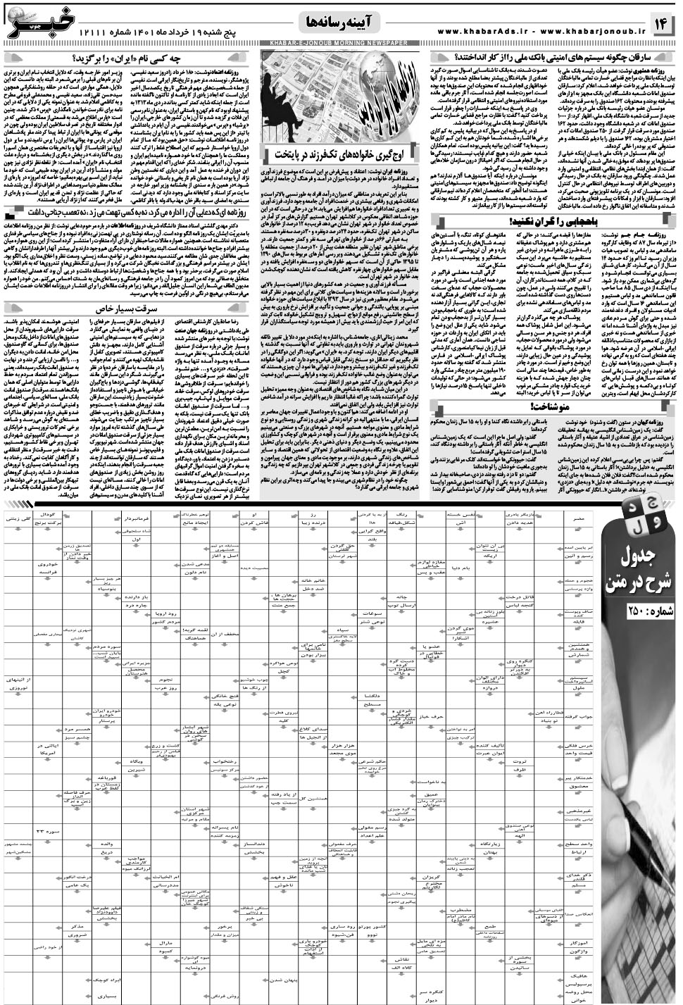 مشاهده صفحه ۱۴ روزنامه خبرجنوب تاریخ ۱۹  سال ۱۴۰۱