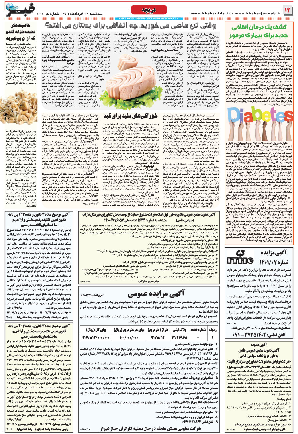 مشاهده صفحه ۱۲ روزنامه خبرجنوب تاریخ ۲۴  سال ۱۴۰۱