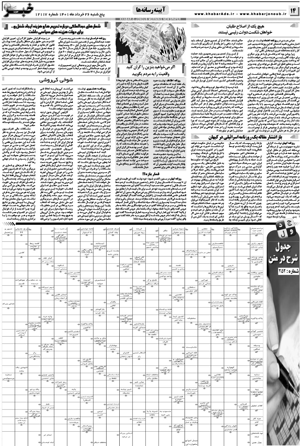 مشاهده صفحه ۱۴ روزنامه خبرجنوب تاریخ ۲۶  سال ۱۴۰۱