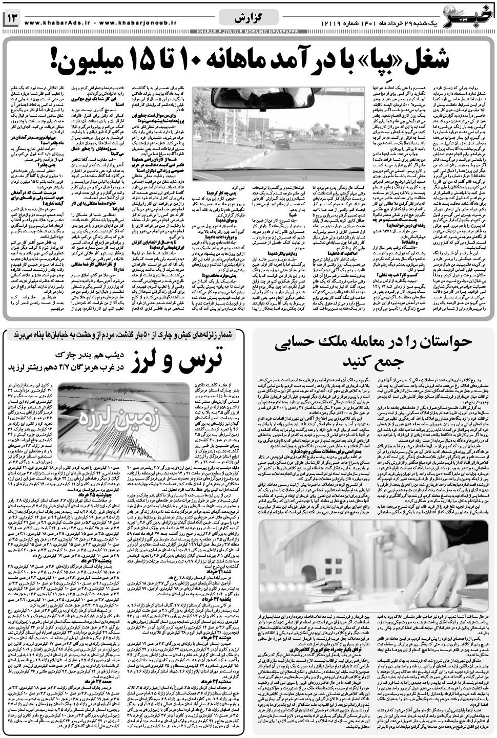 مشاهده صفحه ۱۳ روزنامه خبرجنوب تاریخ ۲۹  سال ۱۴۰۱