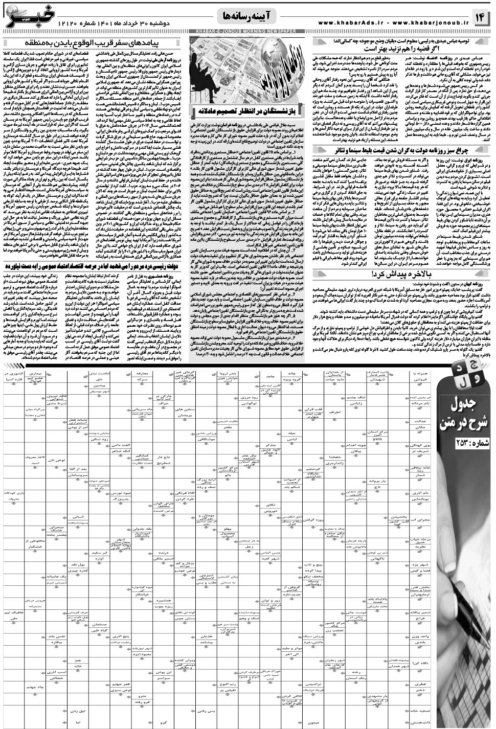 مشاهده صفحه ۱۴ روزنامه خبرجنوب تاریخ ۳۰  سال ۱۴۰۱