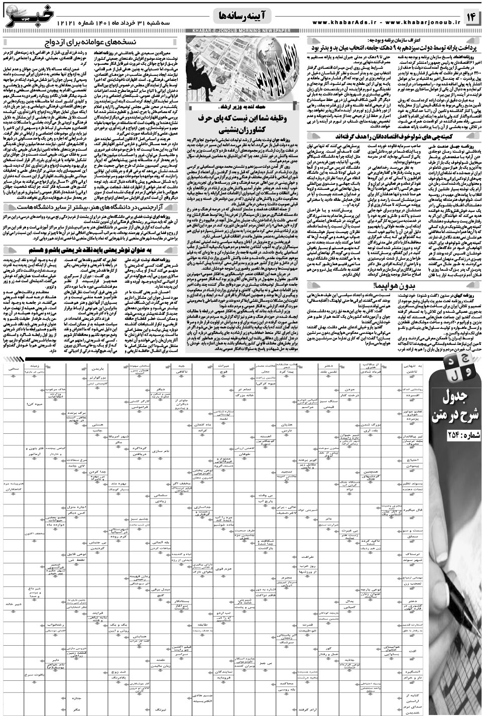 مشاهده صفحه ۱۴ روزنامه خبرجنوب تاریخ ۳۱  سال ۱۴۰۱