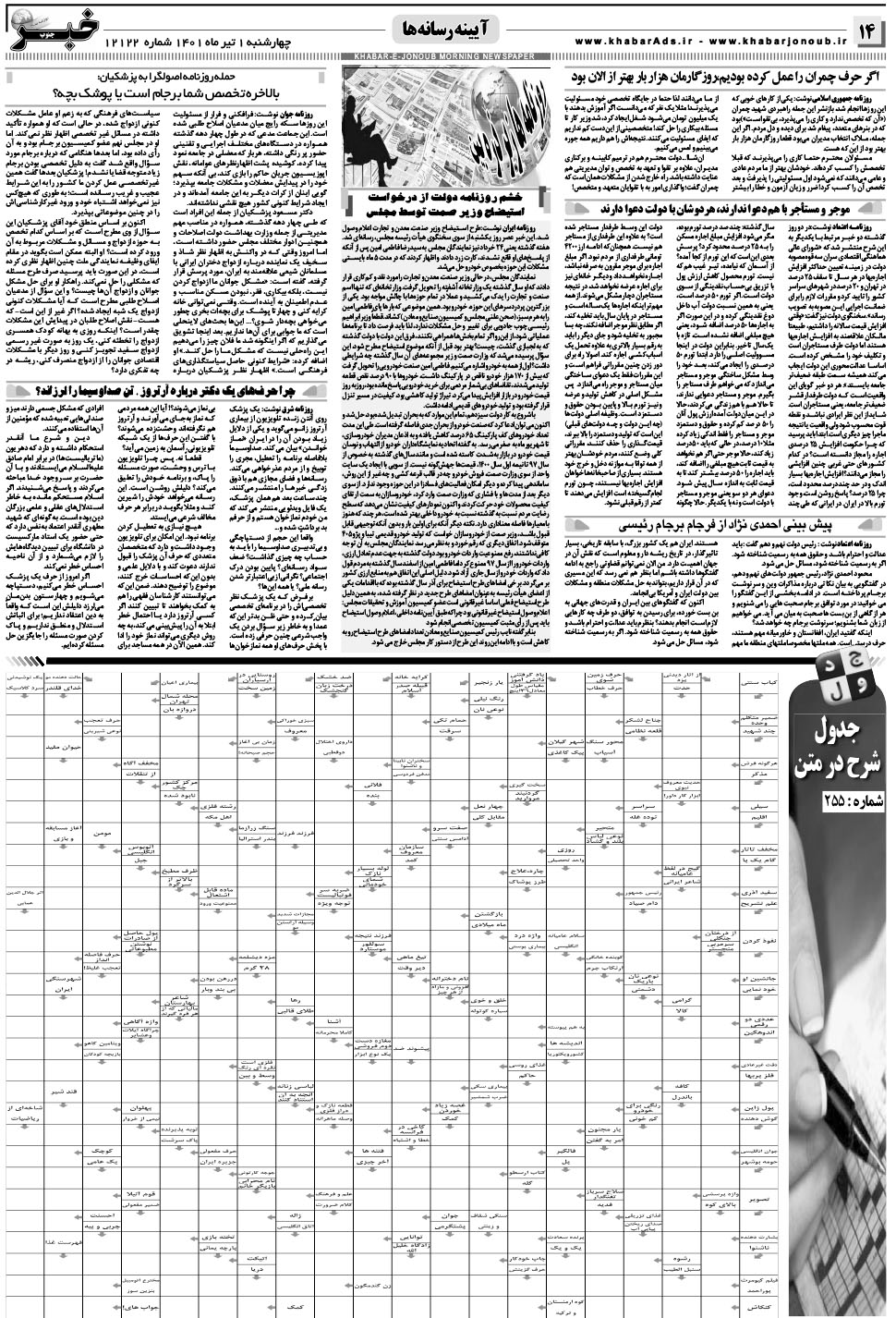 مشاهده صفحه ۱۴ روزنامه خبرجنوب تاریخ ۱  سال ۱۴۰۱