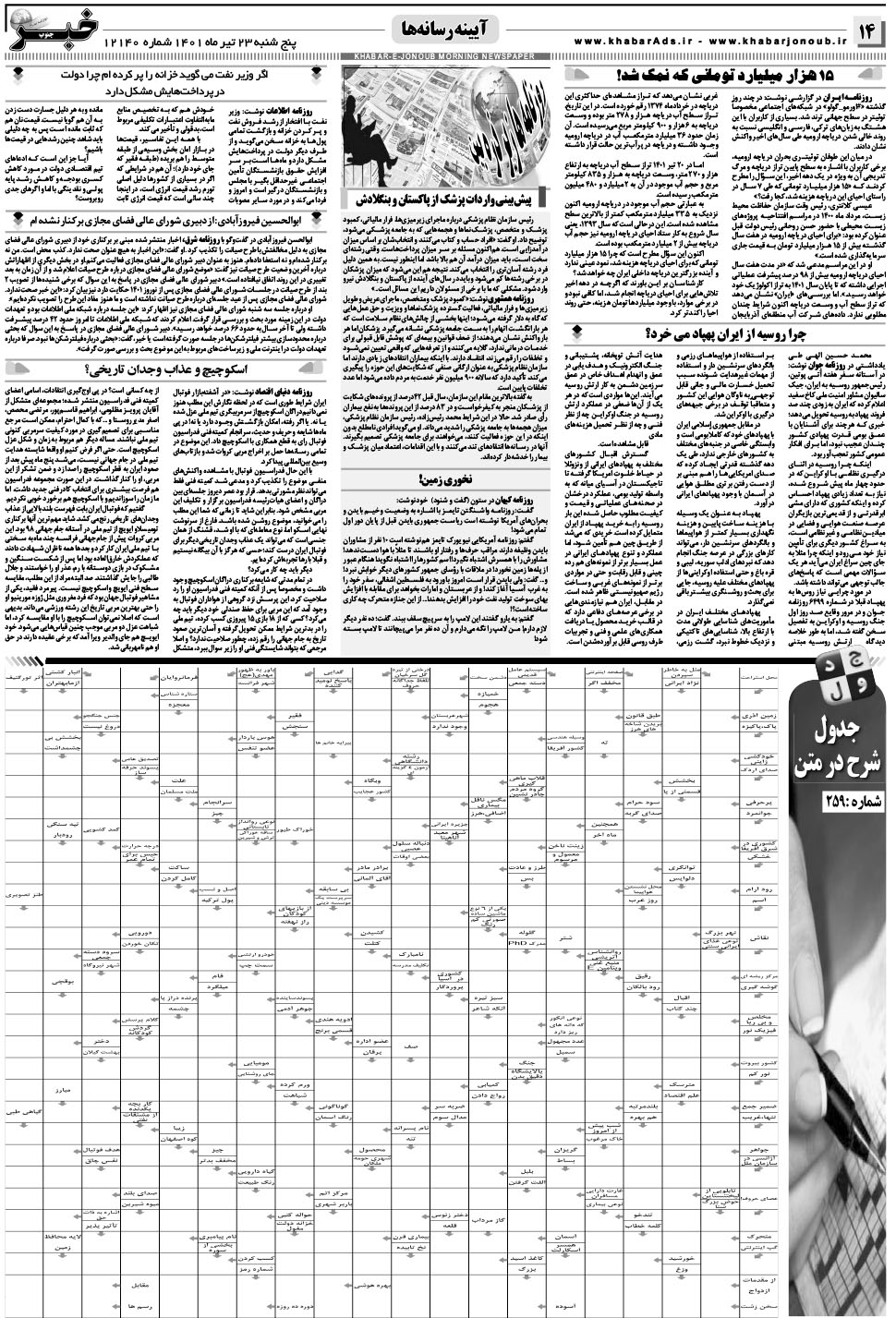 مشاهده صفحه ۱۴ روزنامه خبرجنوب تاریخ ۲۳  سال ۱۴۰۱