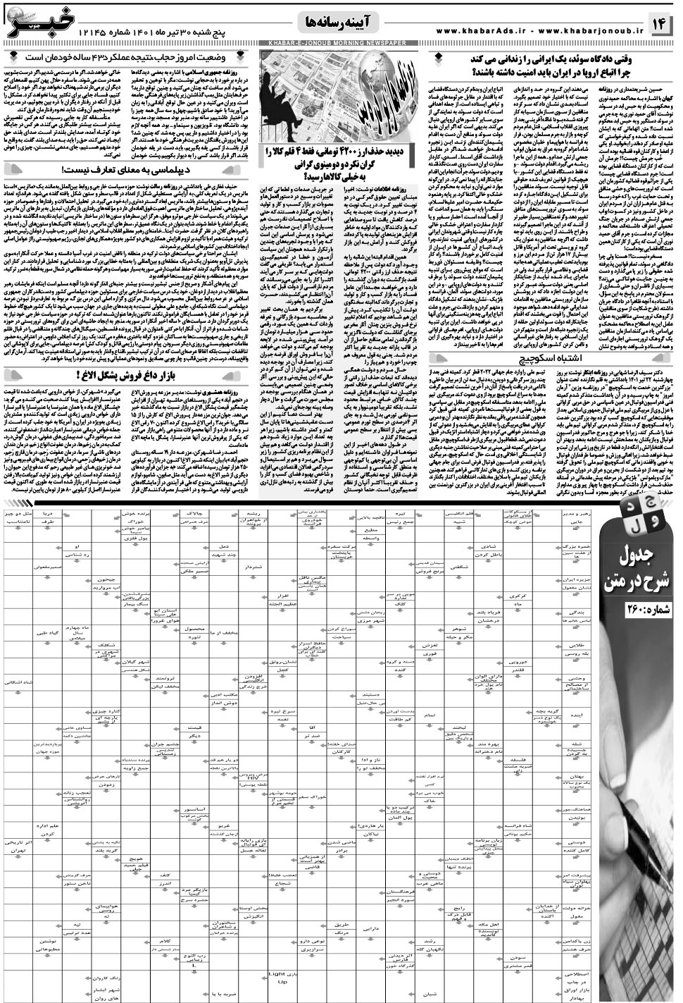 مشاهده صفحه ۱۴ روزنامه خبرجنوب تاریخ ۳۰  سال ۱۴۰۱