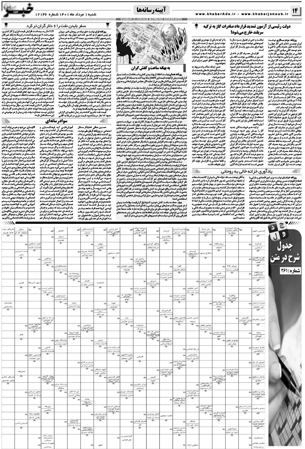 مشاهده صفحه ۱۴ روزنامه خبرجنوب تاریخ ۱  سال ۱۴۰۱